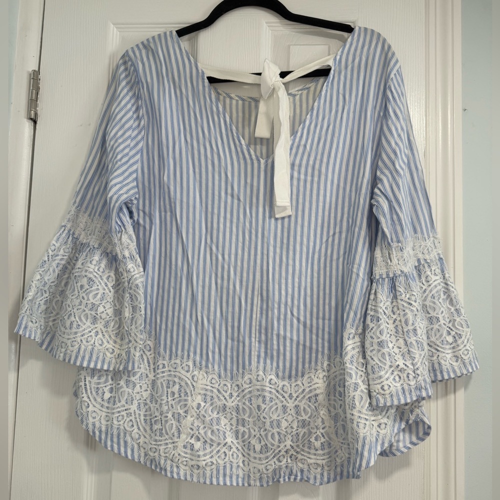 Chic Blue Striped Lace Blouse - Picture 4 of 10